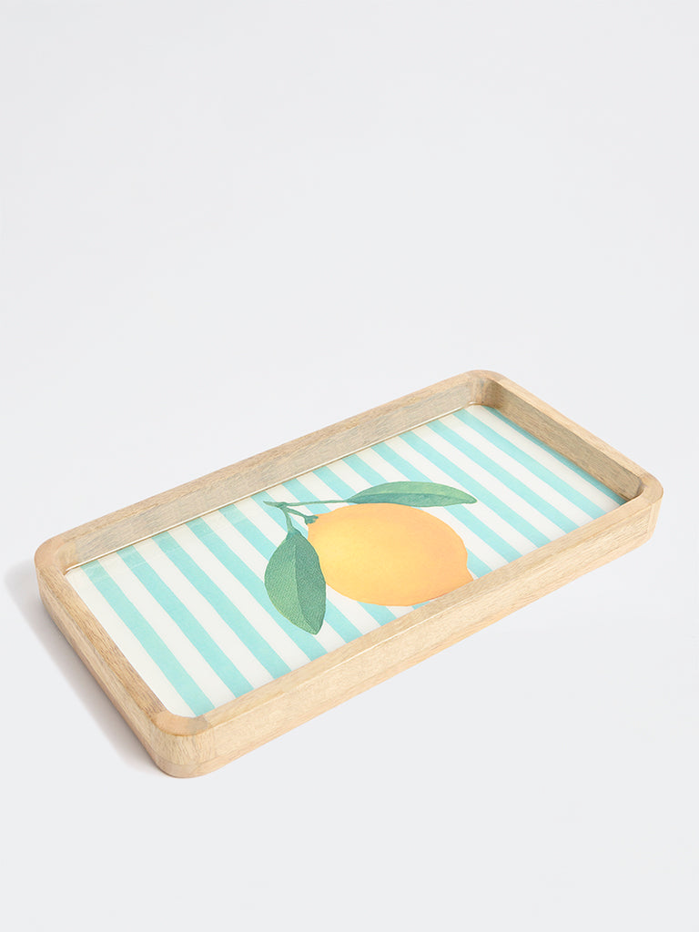 Westside Home Blue and Yellow Lemon Design Wooden Serving Tray