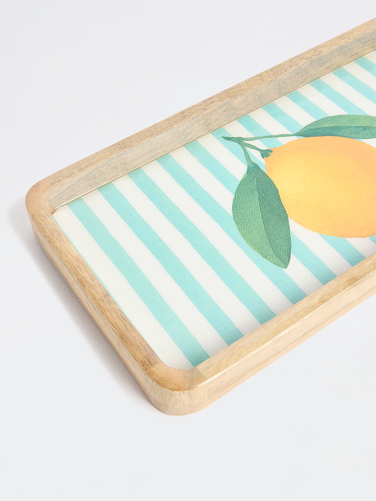 Westside Home Blue and Yellow Lemon Design Wooden Serving Tray