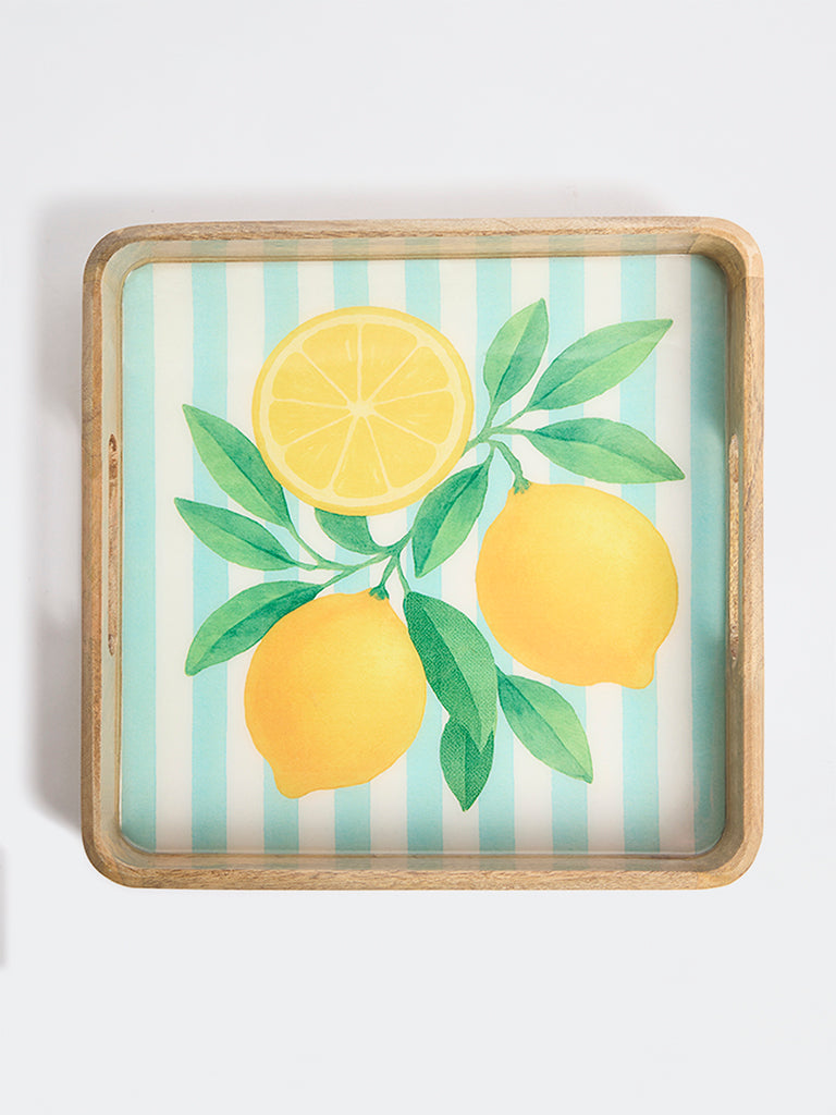 Westside Home Blue and Yellow Lemon Design Wooden Serving Tray