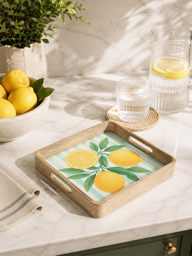 Westside Home Blue and Yellow Lemon Design Wooden Serving Tray