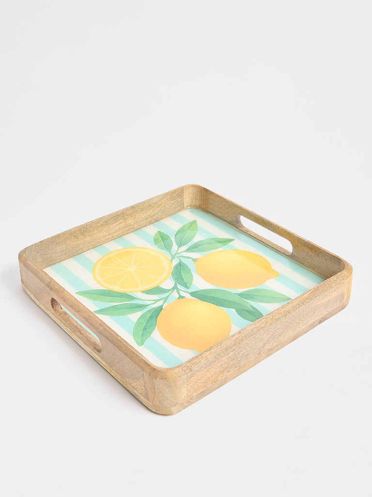 Westside Home Blue and Yellow Lemon Design Wooden Serving Tray