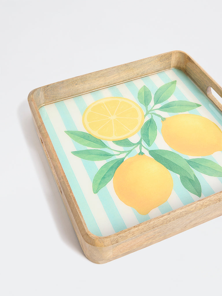 Westside Home Blue and Yellow Lemon Design Wooden Serving Tray