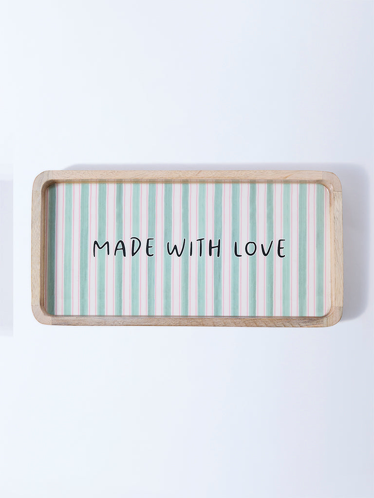Westside Home Green Stripe Printed Wooden Serving Tray