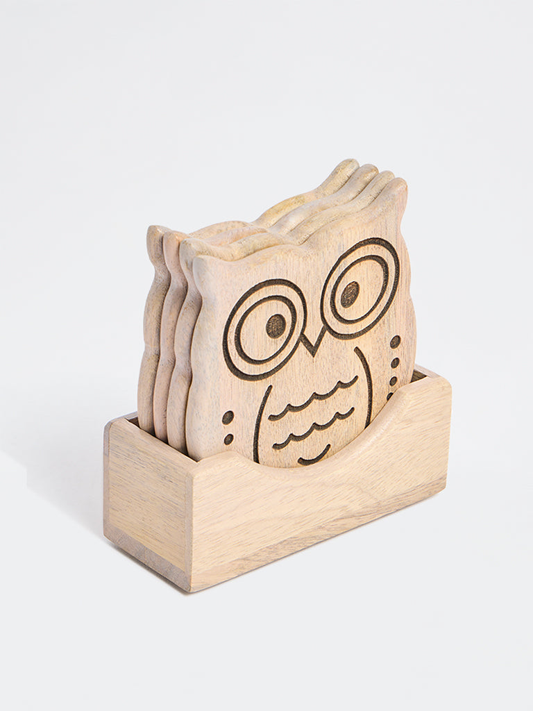 Westside Home Beige Wooden Owl Coasters (Set of 4)