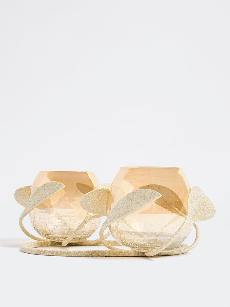 Westside Home White Oval Double Leaf Tealight Candle Stand