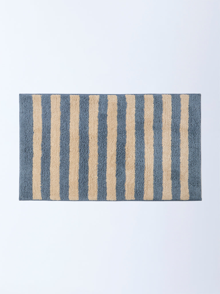 Westside Home Dusty Blue Stripe Pattern Bath Mat