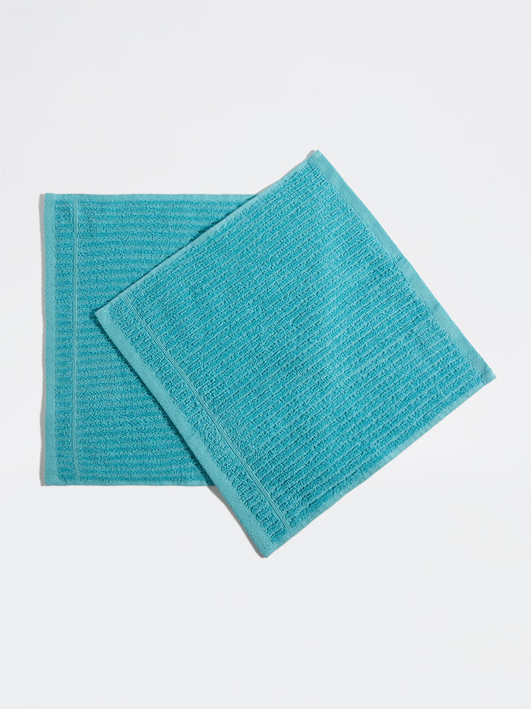 Westside Home Blue Self-Striped Face Towels (Set of 2)