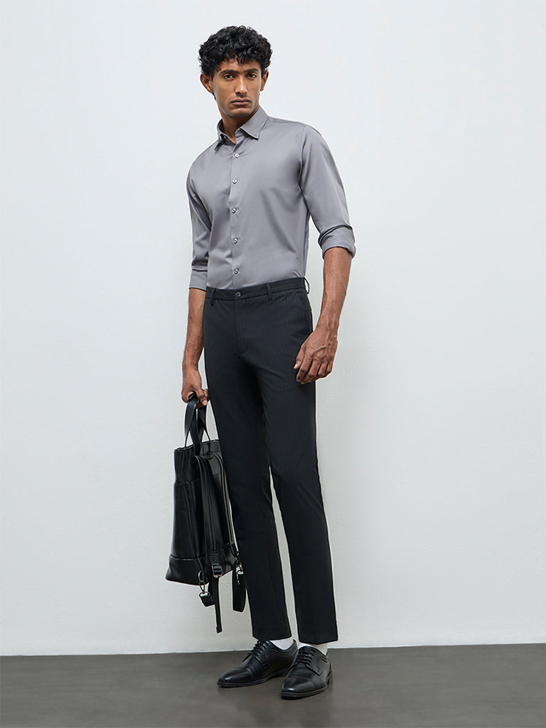 WES Formals Black Ultra-Slim Fit Mid-Rise Trousers