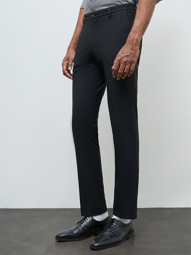 WES Formals Black Ultra-Slim Fit Mid-Rise Trousers