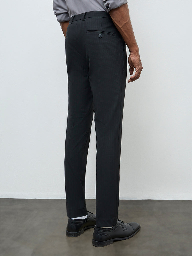 WES Formals Black Ultra-Slim Fit Mid-Rise Trousers
