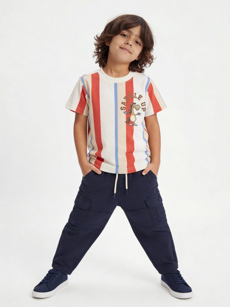 HOP Kids Boys Multicolour Striped Cotton T-Shirt