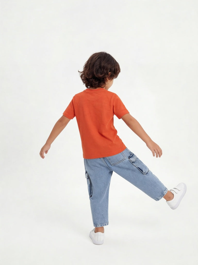 HOP Kids Boys Orange Printed Cotton T-Shirt