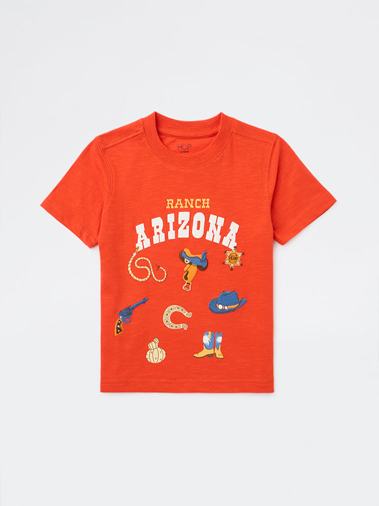 HOP Kids Boys Orange Printed Cotton T-Shirt