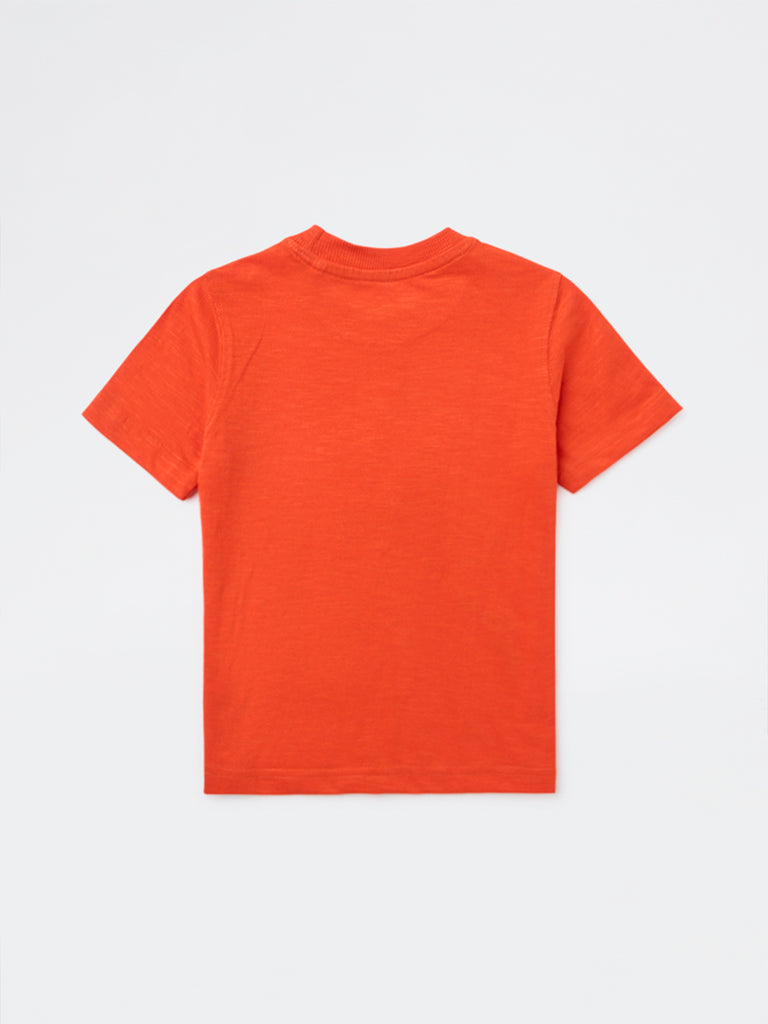 HOP Kids Boys Orange Printed Cotton T-Shirt