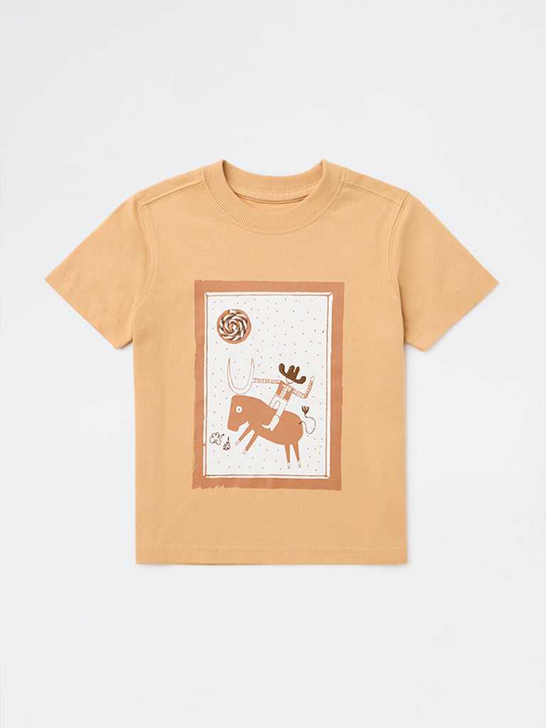 HOP Kids Boys Beige Printed Cotton T-Shirt