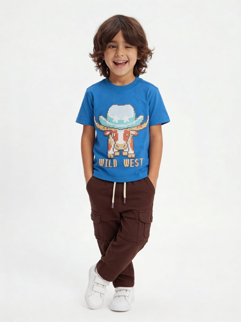 HOP Kids Boys Blue Embossed Cotton T-Shirt