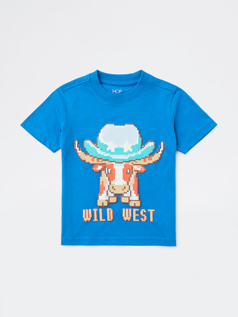 HOP Kids Boys Blue Embossed Cotton T-Shirt