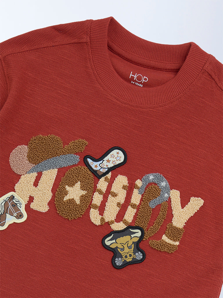HOP Kids Boys Rust Embroidered Cotton T-Shirt