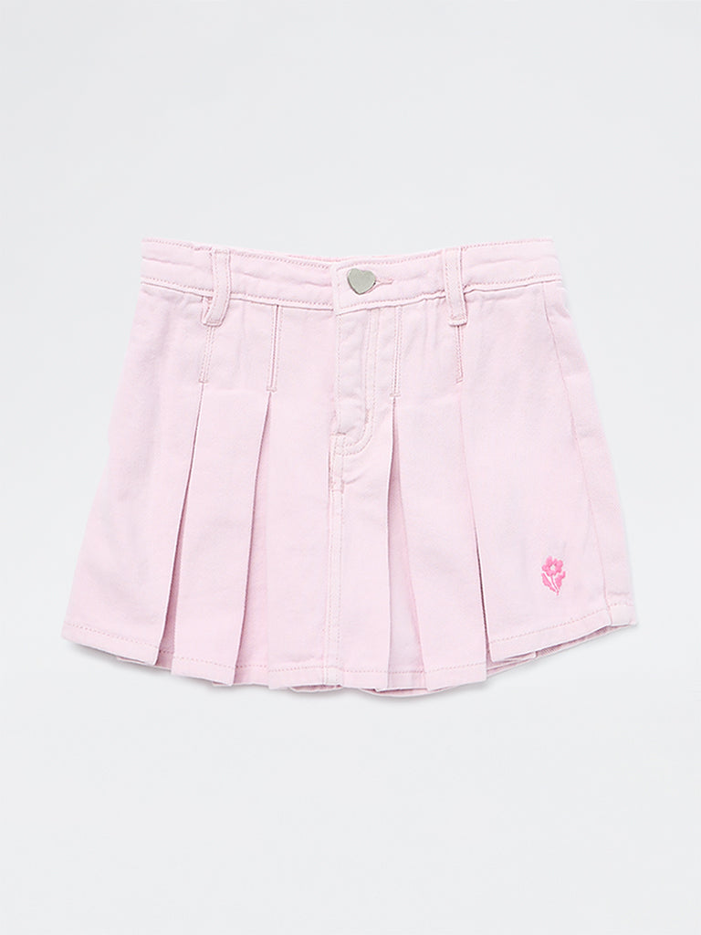 HOP Kids Girls Pink Box Pleated High-Rise Denim Skorts