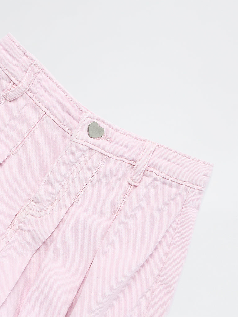 HOP Kids Girls Pink Box Pleated High-Rise Denim Skorts