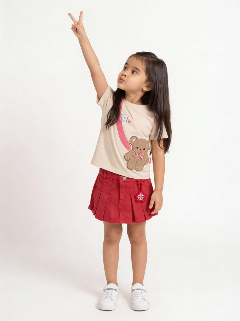 HOP Kids Girls Red Box Pleated High-Rise Denim Skorts