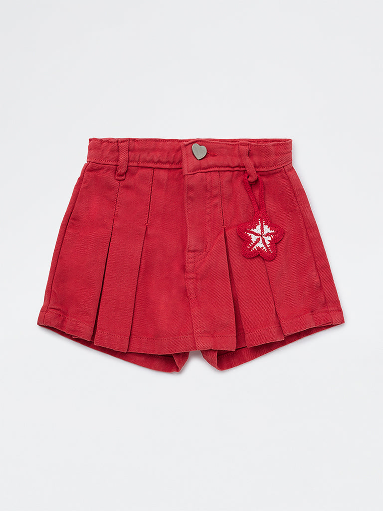 HOP Kids Girls Red Box Pleated High-Rise Denim Skorts