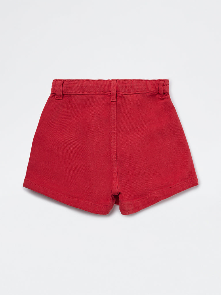HOP Kids Girls Red Box Pleated High-Rise Denim Skorts