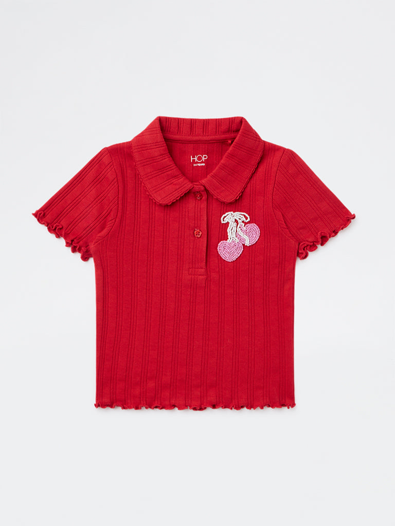 HOP Kids Girls Red Embellished Cotton-Blend Top