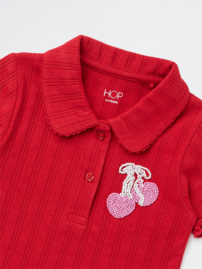 HOP Kids Girls Red Embellished Cotton-Blend Top