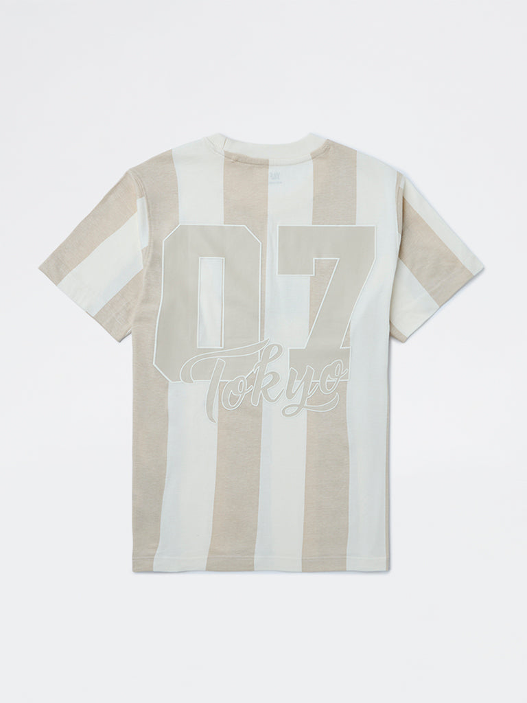 Y&F Kids Boys Beige Striped Pattern Cotton T-Shirt