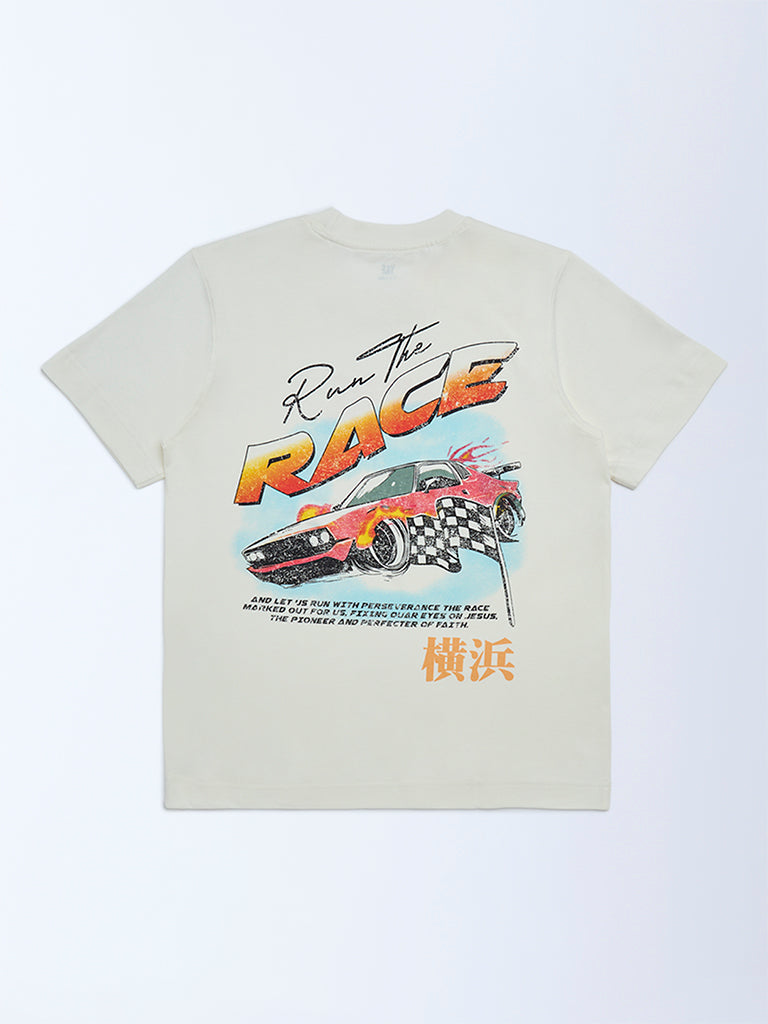 Boys Off-White Printed Cotton T-Shirt