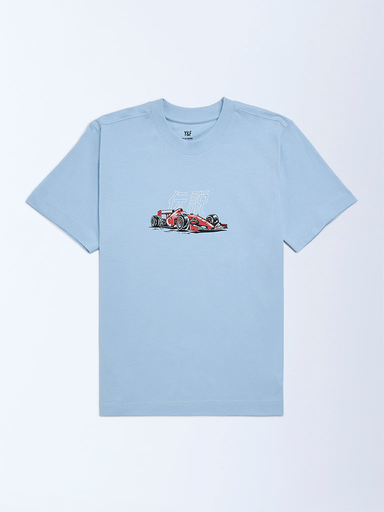 Boys Blue Printed Cotton T-Shirt