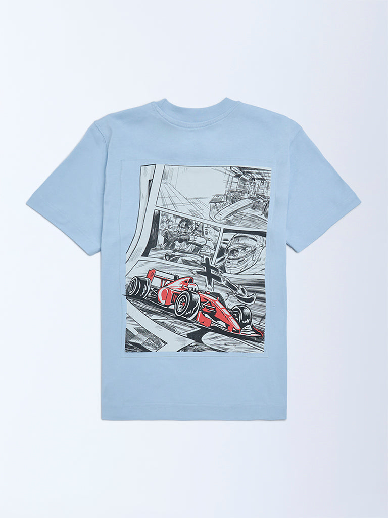 Boys Blue Printed Cotton T-Shirt