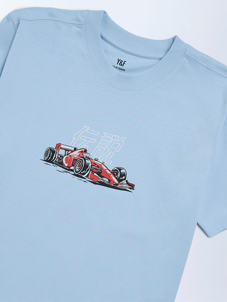 Boys Blue Printed Cotton T-Shirt