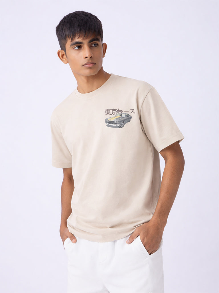 Y&F Kids Boys Beige Printed Cotton T-Shirt