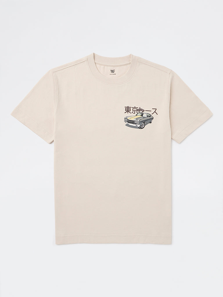 Y&F Kids Boys Beige Printed Cotton T-Shirt