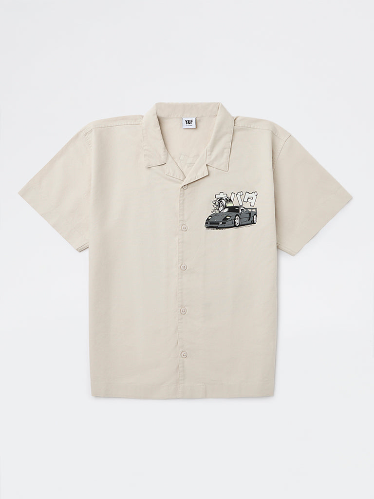 Boys Beige Printed Cotton Shirt