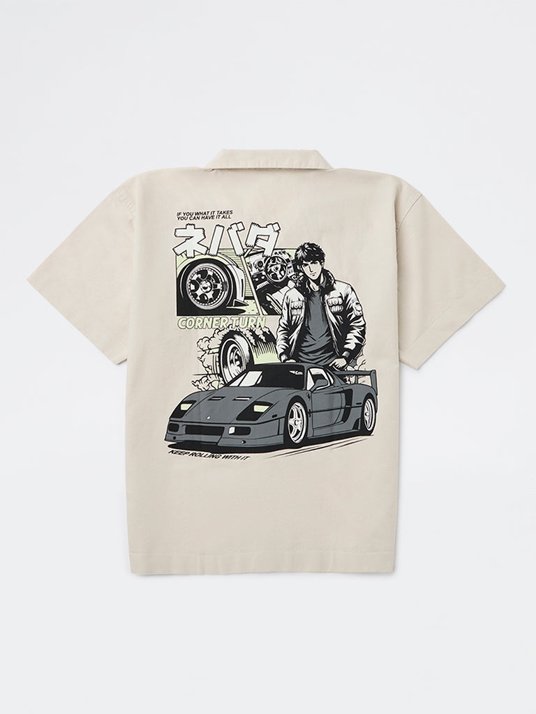 Boys Beige Printed Cotton Shirt