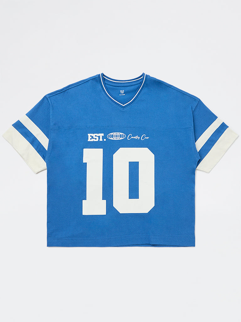 Boys Blue Printed Cotton T-Shirt