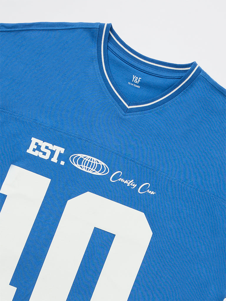 Boys Blue Printed Cotton T-Shirt