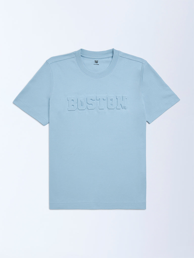 Boys Blue Text Embossed Cotton T-Shirt