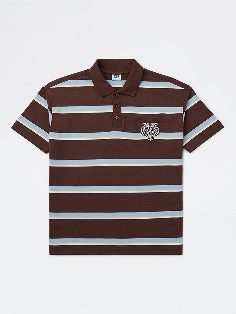 Boys Brown Striped Cotton Polo T-Shirt