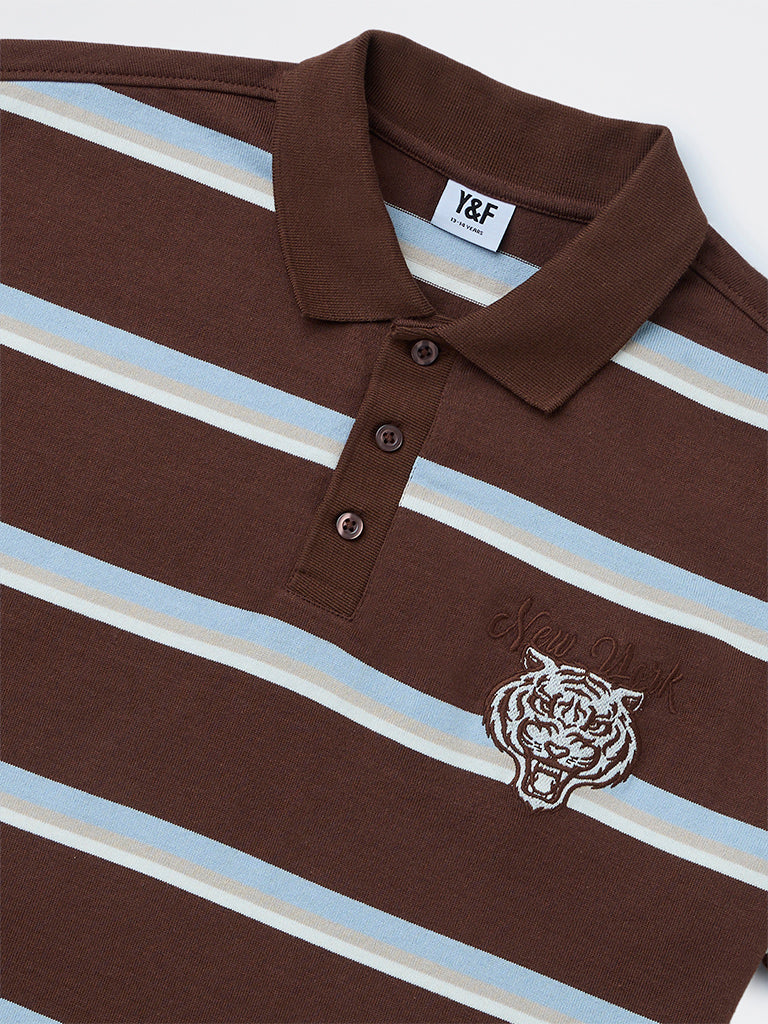 Boys Brown Striped Cotton Polo T-Shirt