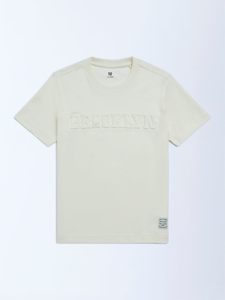 Boys Off-White Text Embossed Cotton T-Shirt