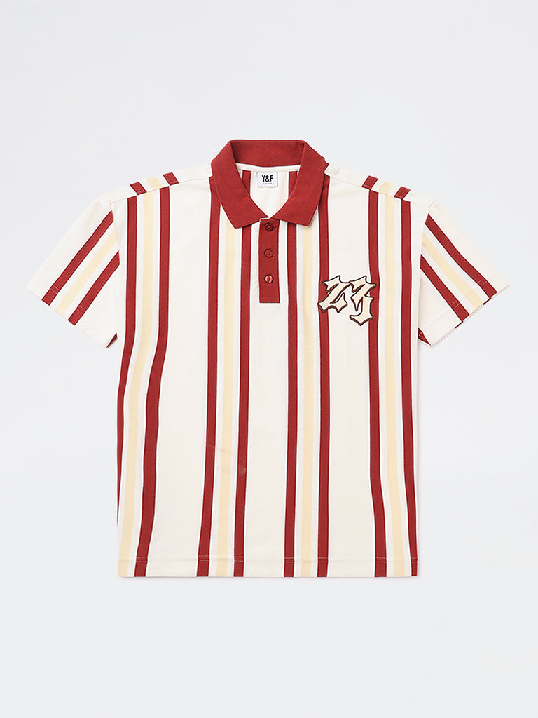 Y&F Kids Boys Multicolour Striped Detailed Cotton Polo T-Shirt