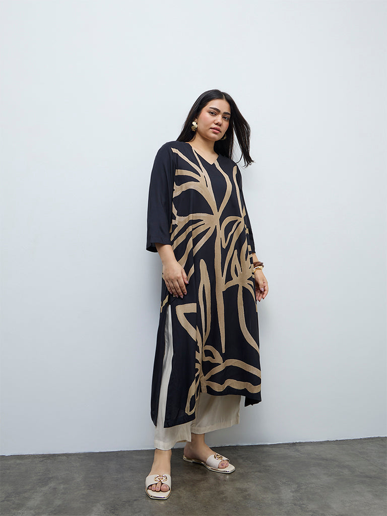 Diza Black Abstract Printed A-Line Kurta