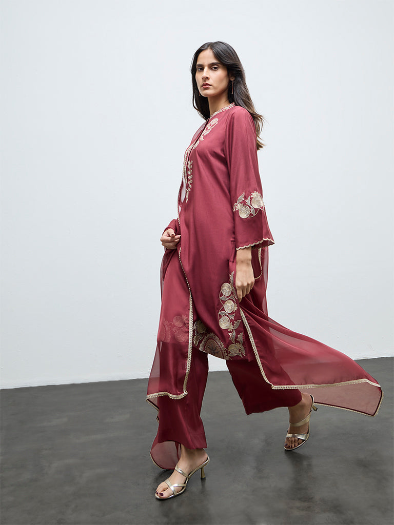 Vark Rust Floral Embroidered A-Line Ethnic Set