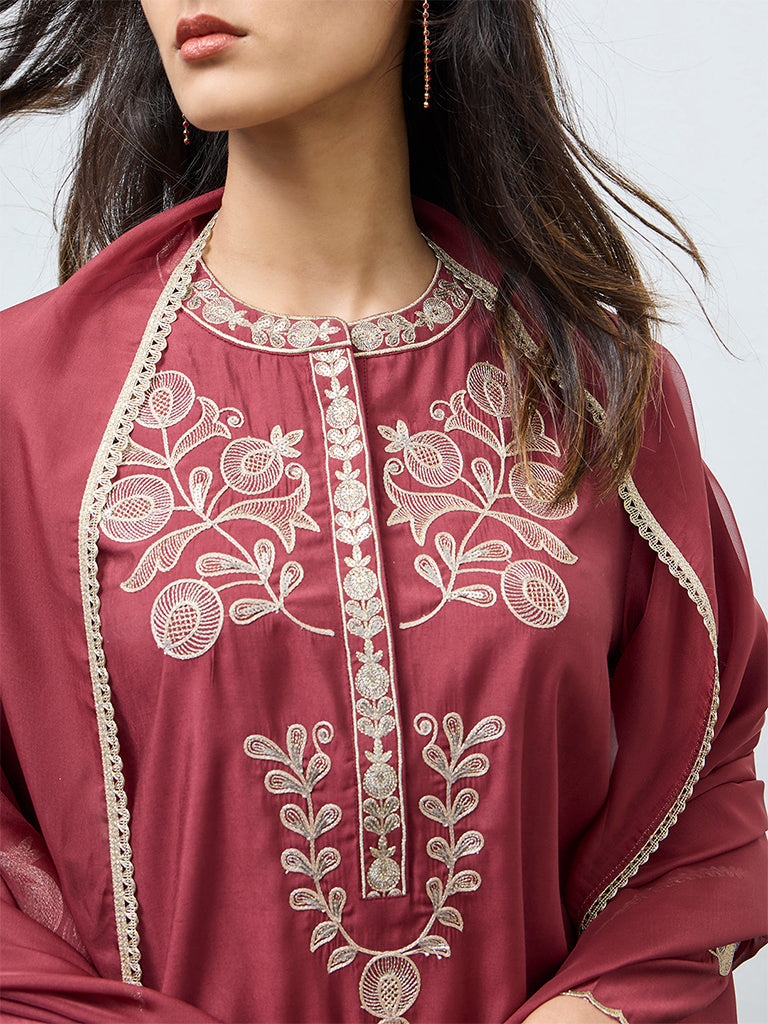 Vark Rust Floral Embroidered A-Line Ethnic Set