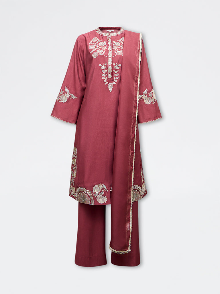 Vark Rust Floral Embroidered A-Line Ethnic Set