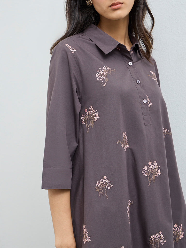Buy Zuba Grey Floral Embroidered Cotton A-Line Kurta from Westside